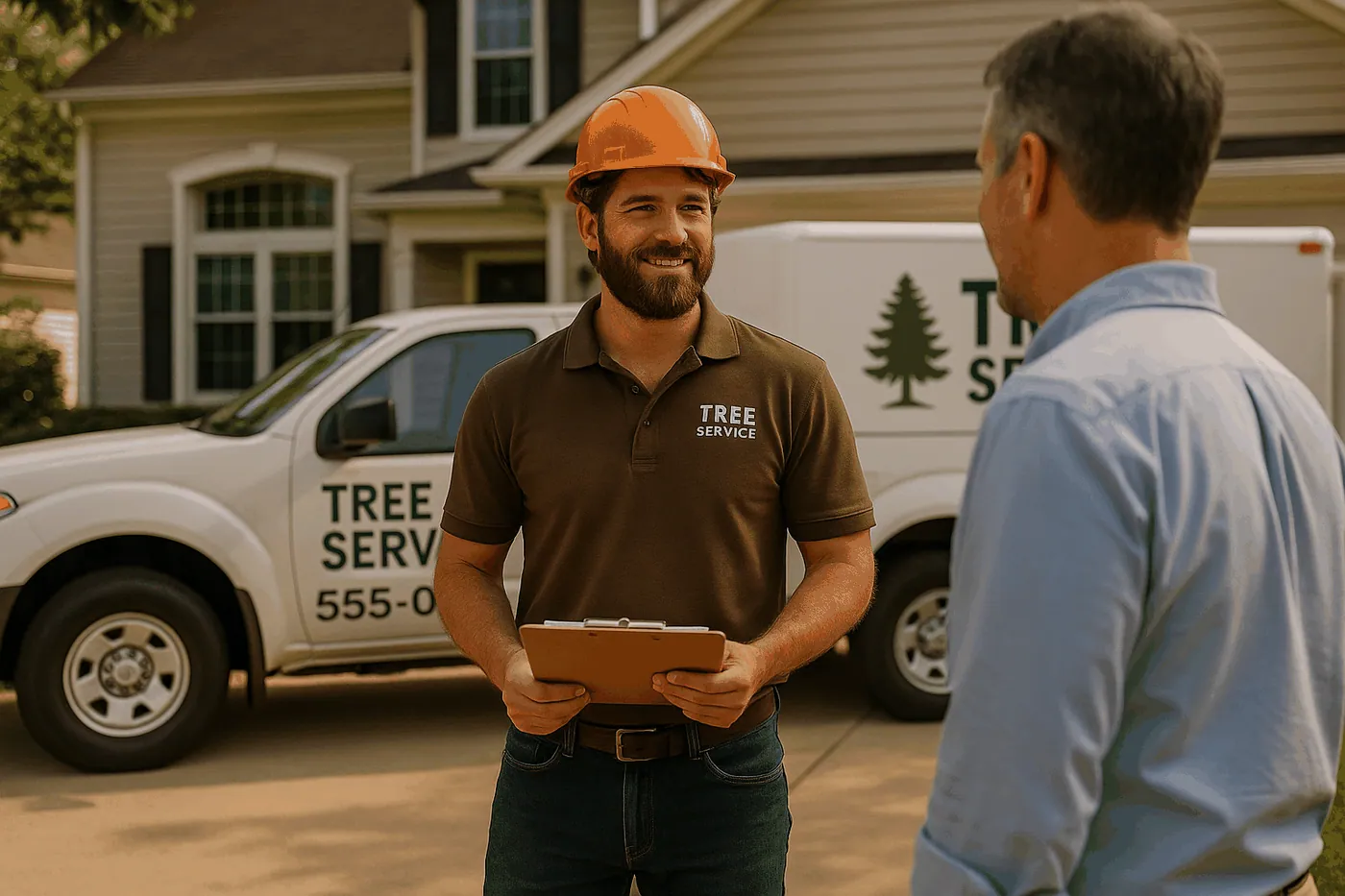 Tree service marketing in action: a rugged business owner talks with a homeowner next to a branded truck, showing real-life lead generation strategy.