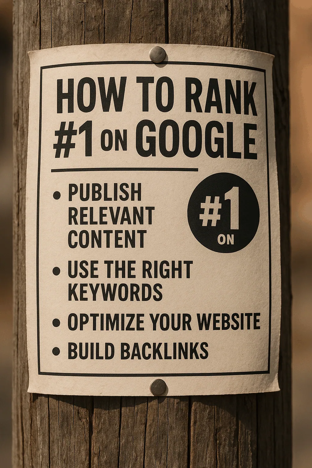 Rree service SEO-Poster tacked to a wooden pole showing tips on how to rank #1 using tree service SEO strategies