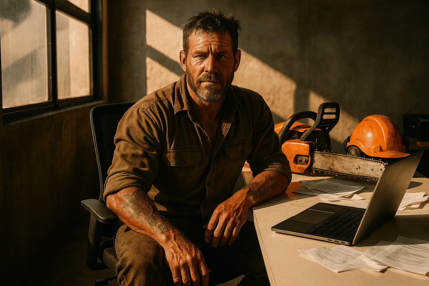 best blog post length for SEO- Rugged tree service owner in a workshop, seated at desk with laptop and chainsaw