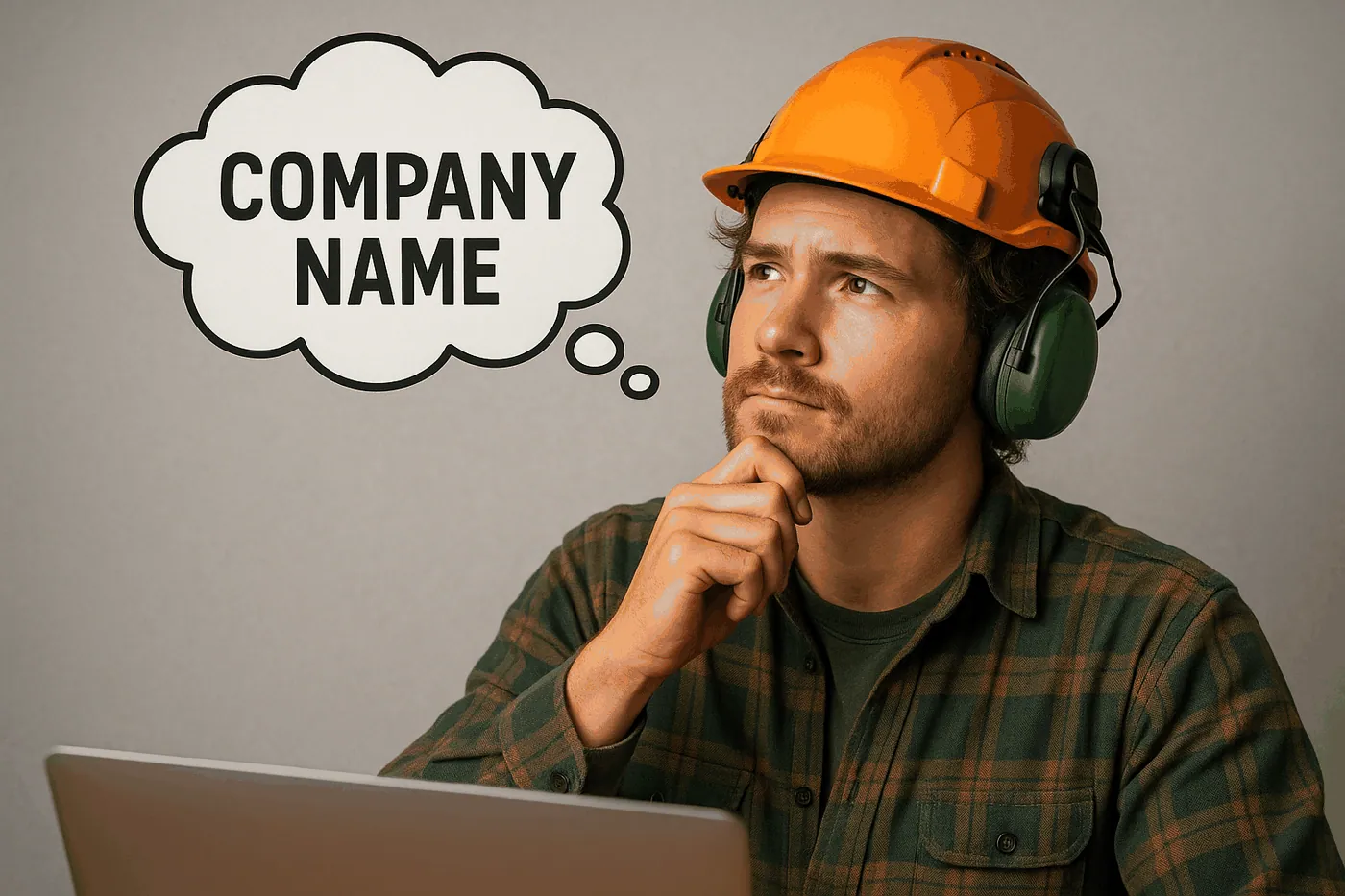 names for tree service companies- Construction worker wearing an orange hard hat and green ear protectors, looking thoughtful with a speech bubble that says "Company Name"