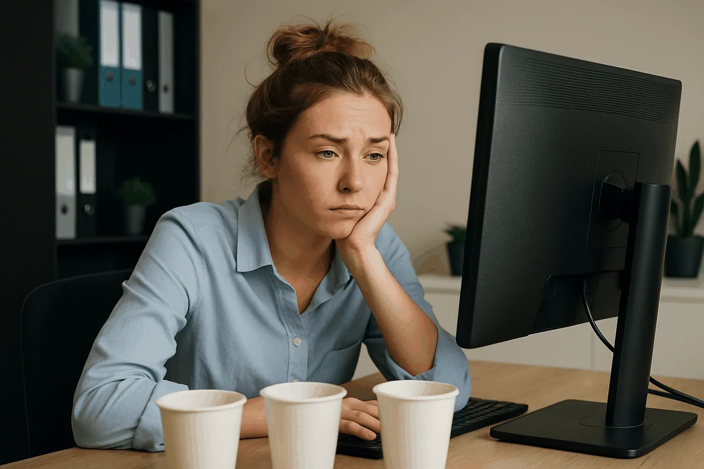 home service blog ideas- Tired woman sitting at a desk with three coffee cups, staring at a computer screen in an office setting