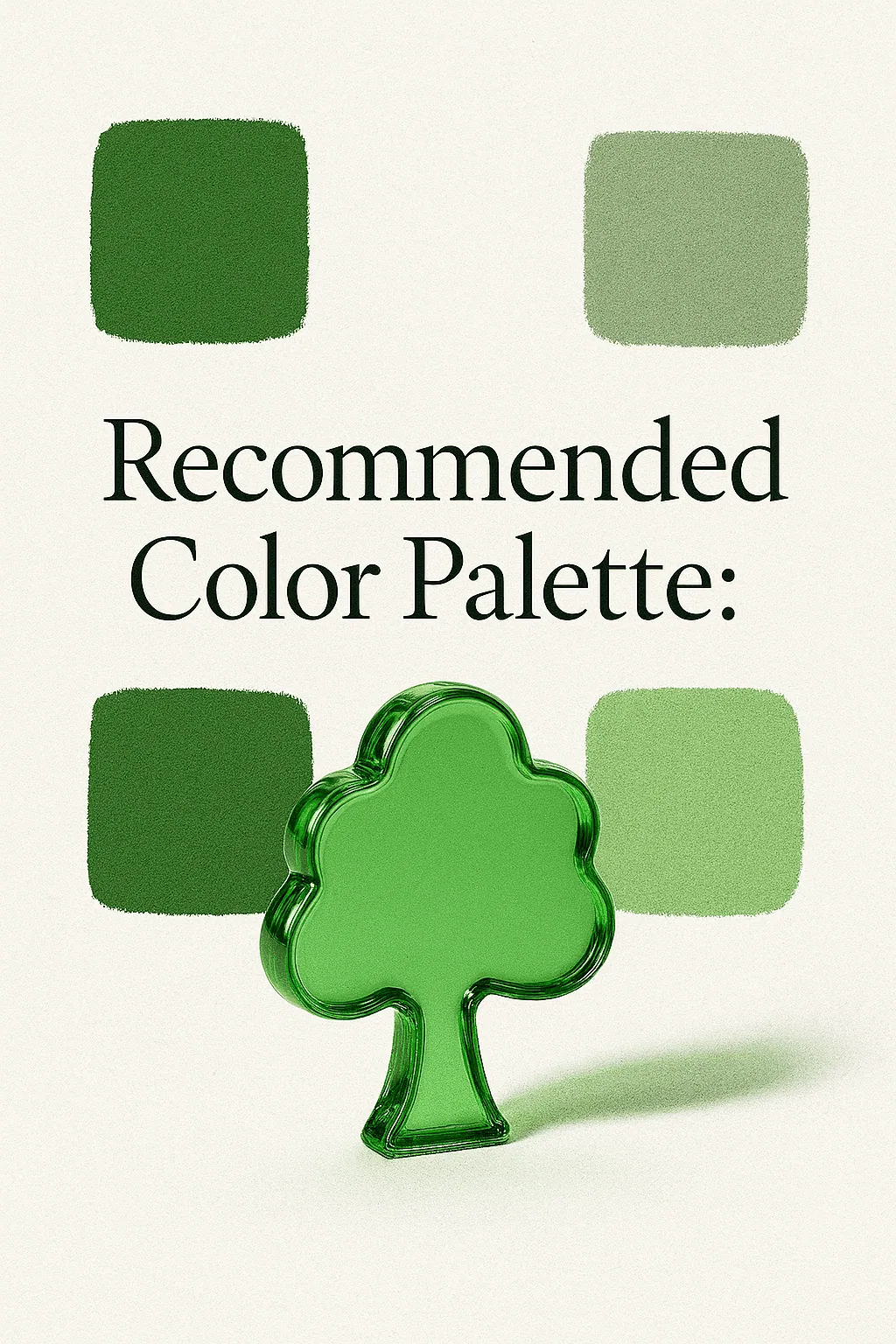 website color suggestions for home services-A green glass tree figurine in front of four painted color swatches in earthy green tones with a soft shadow on a textured white background.
