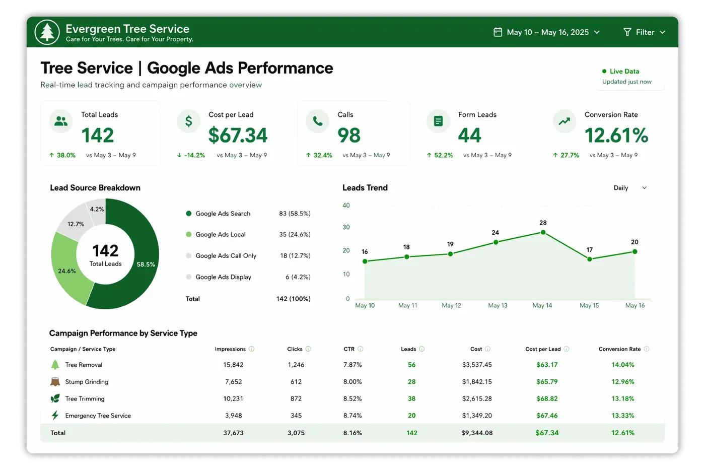 Valpo Agency client performance dashboard showing Google Ads tree service lead tracking and cost per lead metrics