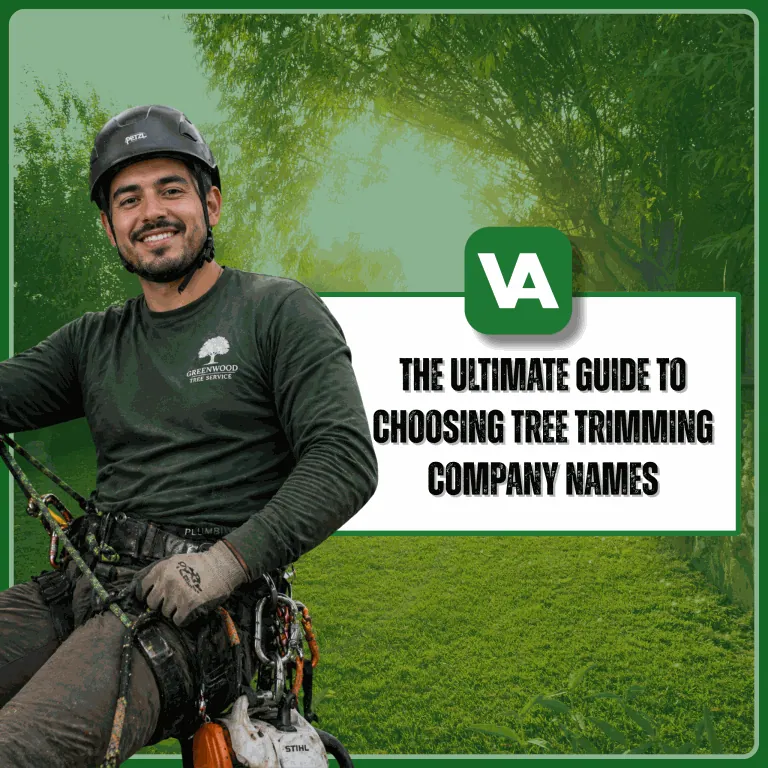 Tree trimming professional in climbing gear smiling in front of lush green trees — ultimate guide to choosing tree trimming company names by Valpo Agency