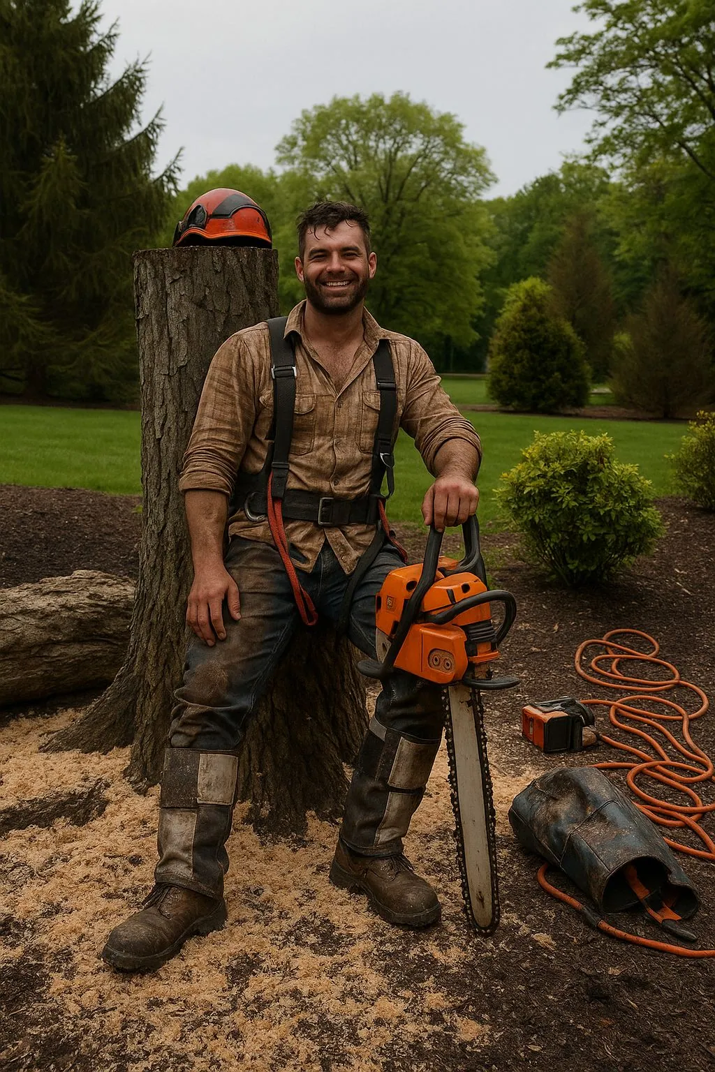 How to Market a Tree Service- A smiling tree service professional holding a chainsaw beside a freshly cut stump, symbolizing successful marketing and branding for arborist businesses.