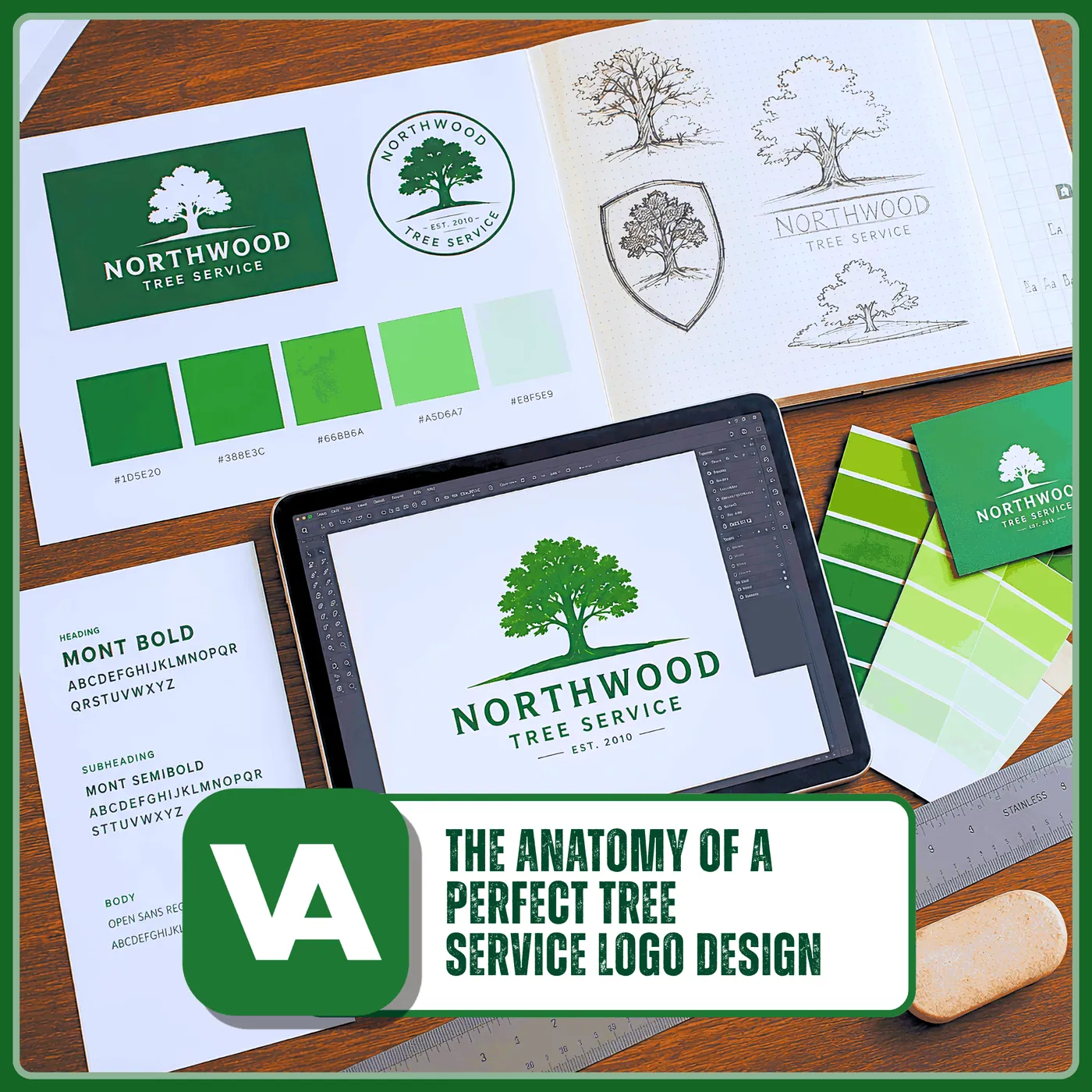 Professional logo design materials including printed tree service logo variations and color swatches — anatomy of a perfect tree service logo design by Valpo Agency