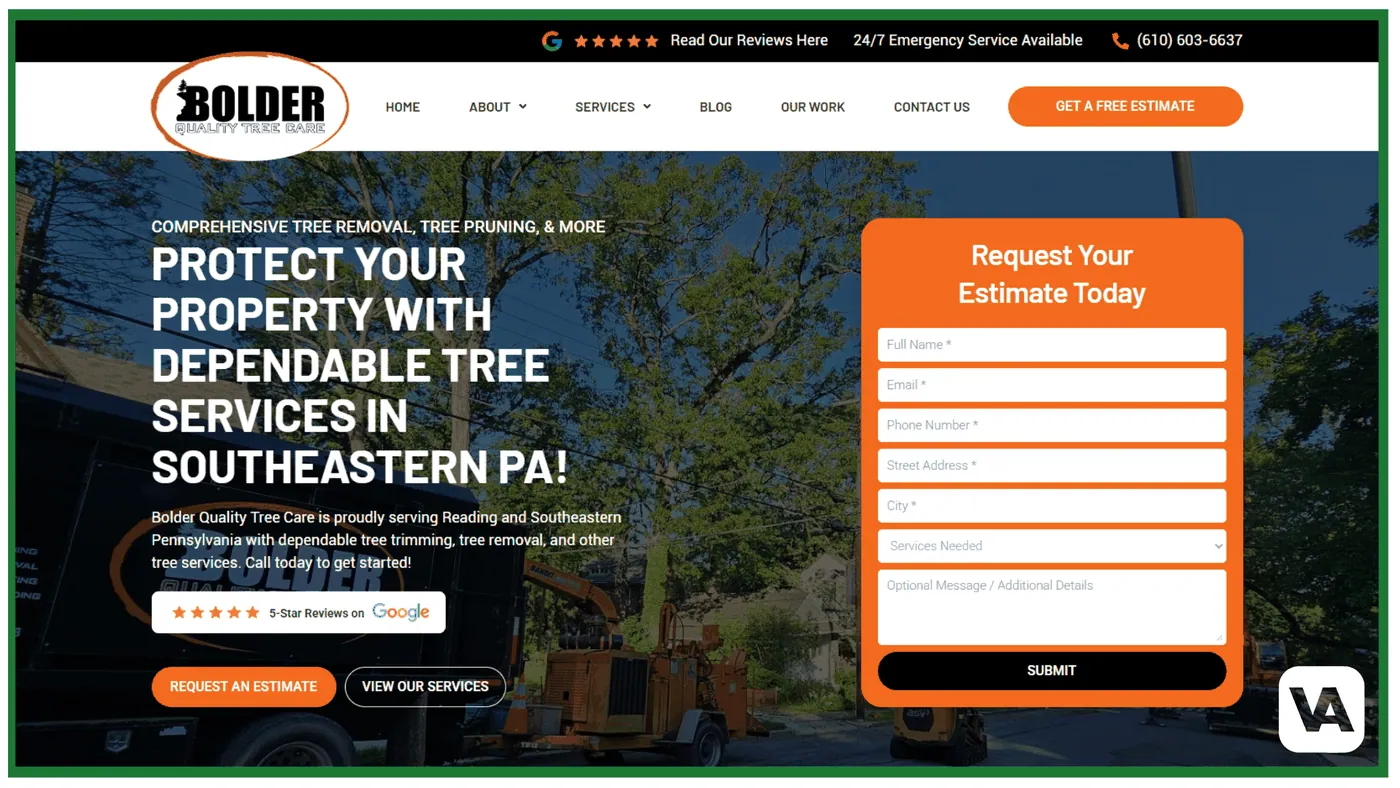 Screenshot of a high-converting contractor website showing a clear hero headline, prominent tap-to-call number, visible service areas, and an above-the-fold estimate form demonstrating best practices for tree service lead generation.