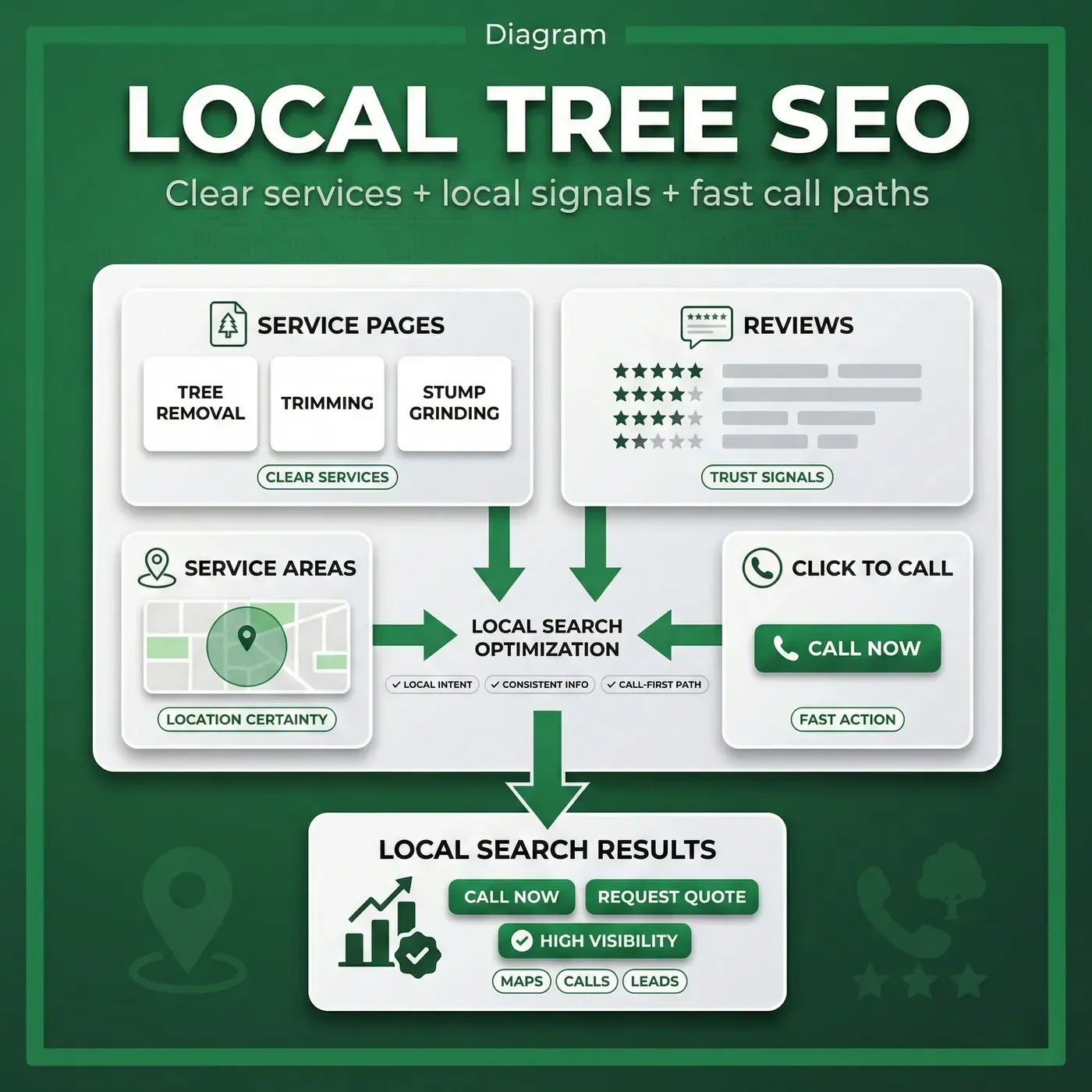 Diagram showing how to optimize a tree service website for local search using service pages, reviews, service areas, and click-to-call elements