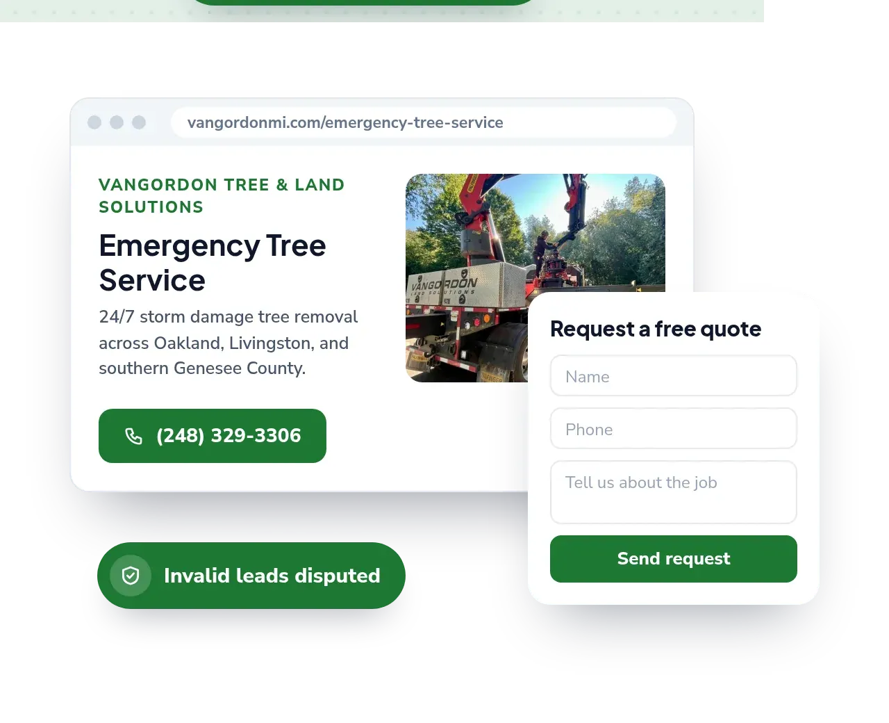 Recreation of the VanGordon Tree & Land Solutions emergency tree service page