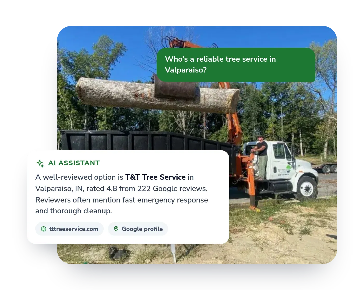 An AI assistant answer recommending T&T Tree Service in Valparaiso, IN
