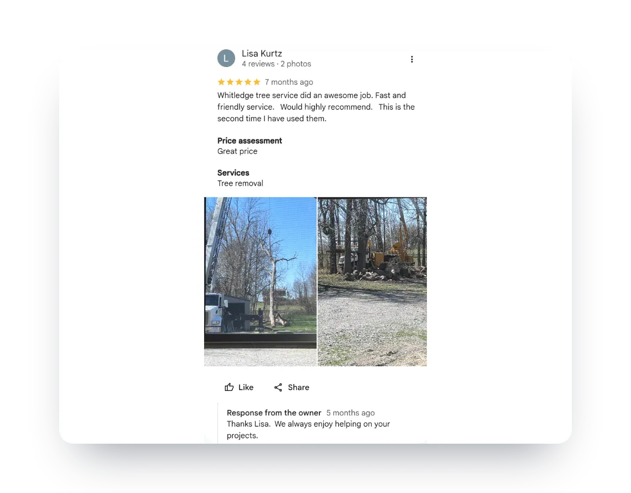 Whitledge Tree Service: A personal reply to a repeat customer