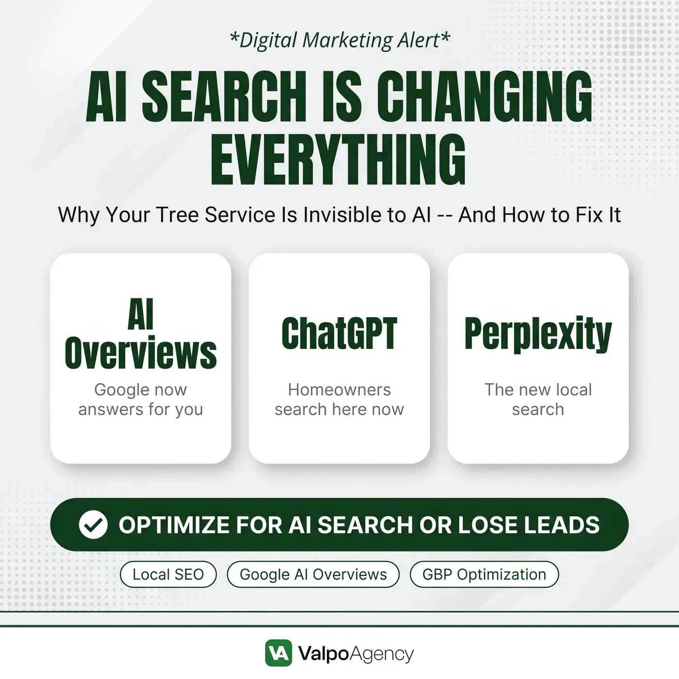 AI search is changing everything graphic showing why tree service businesses are invisible in AI results, featuring Google AI Overviews, ChatGPT, Perplexity, and a call to optimize for AI search with local SEO and GBP optimization.