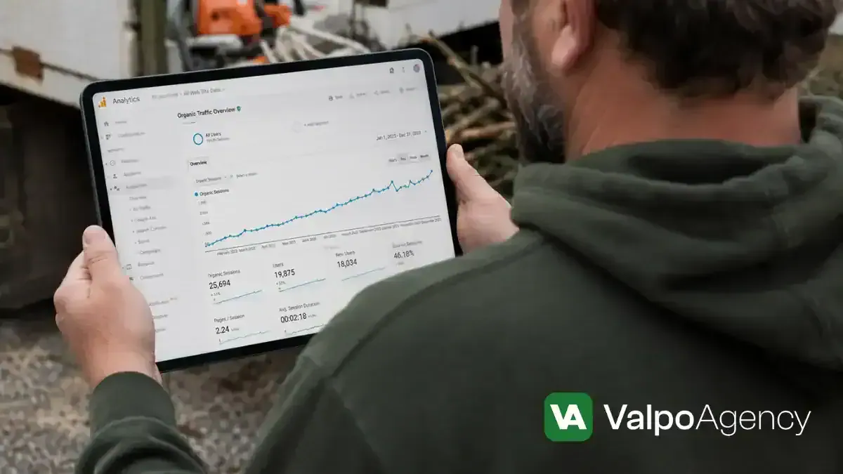 Valpo Agency tree service owner reviewing SEO timeline and organic traffic growth on tablet