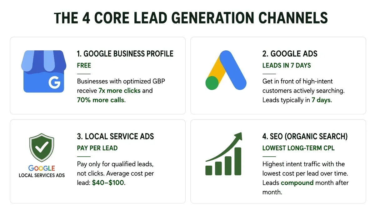 Valpo Agency tree service lead generation four channel strategy infographic showing GBP, Google Ads, LSA, and SEO