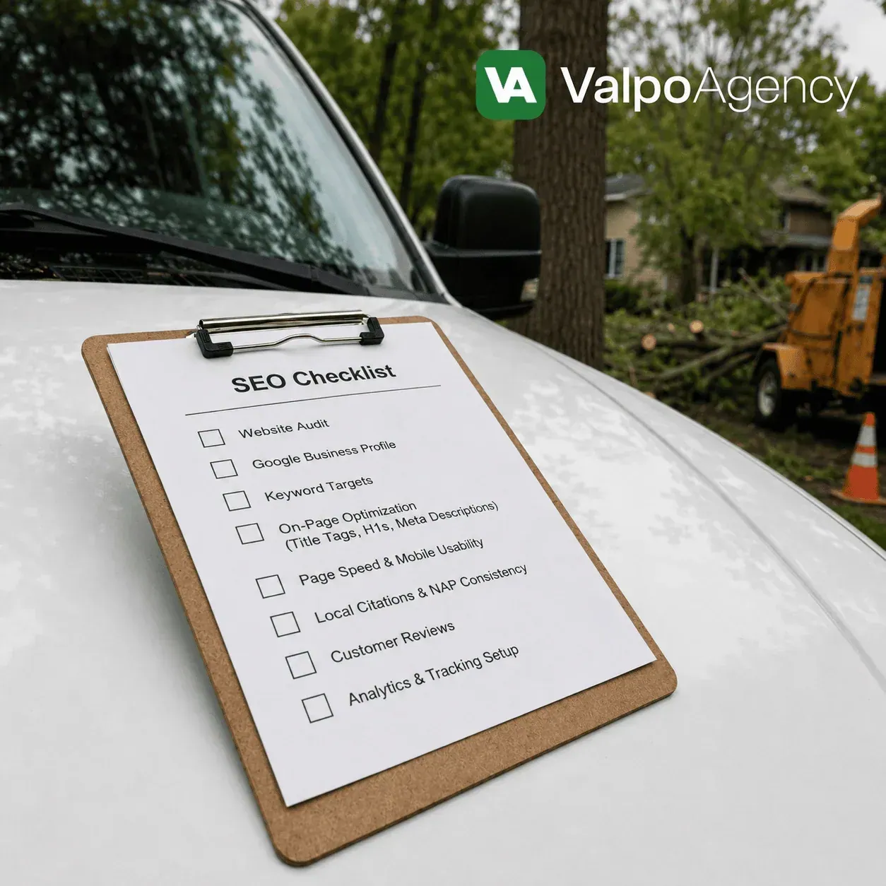 Valpo Agency tree service website SEO checklist on clipboard on truck hood