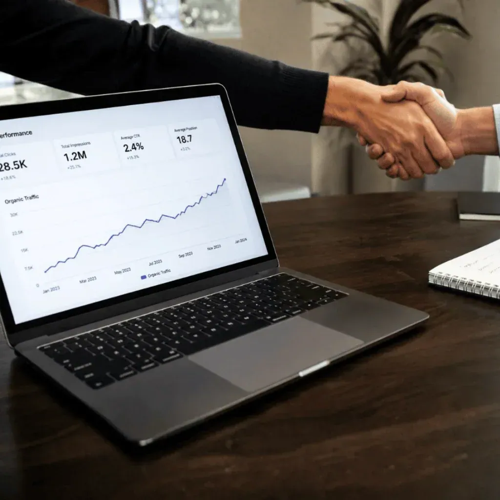 Valpo Agency guide on how to choose SEO company tree service showing business owner shaking hands with marketing partner