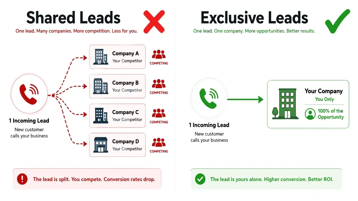 Valpo Agency comparison of shared leads versus exclusive tree service leads showing the difference in lead ownership
