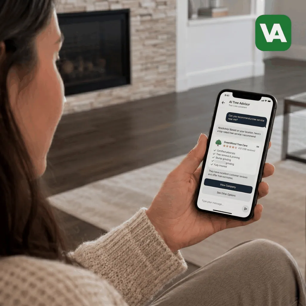 Valpo Agency AI search tree service marketing guide showing homeowner using AI assistant to find tree service company