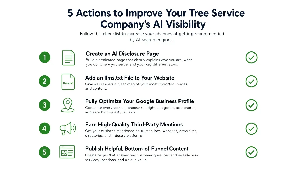 Valpo Agency five actions to improve tree service company AI search visibility checklist