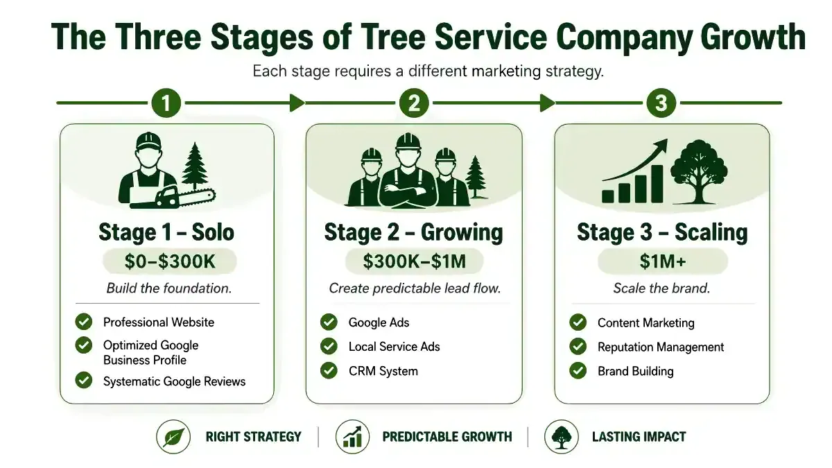 Valpo Agency tree service company growth stages roadmap showing three stages from solo operator to scaling operation
