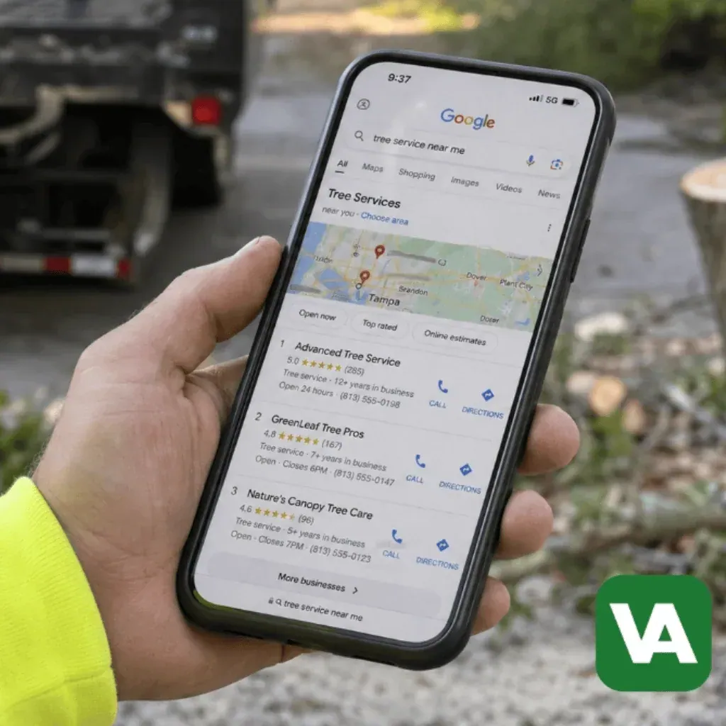 Valpo Agency tree service Google Business Profile ranking number one in Local Pack on smartphone