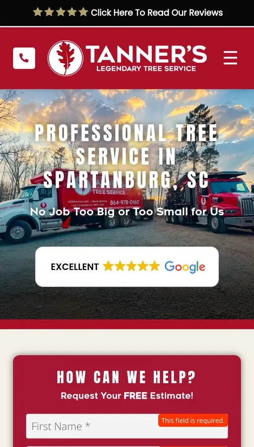 Tanner's Legendary Tree Service website on mobile
