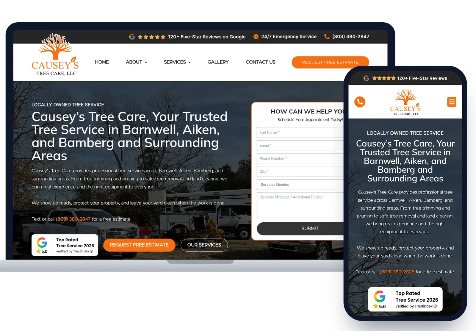 Causey's Tree Care website on laptop and phone